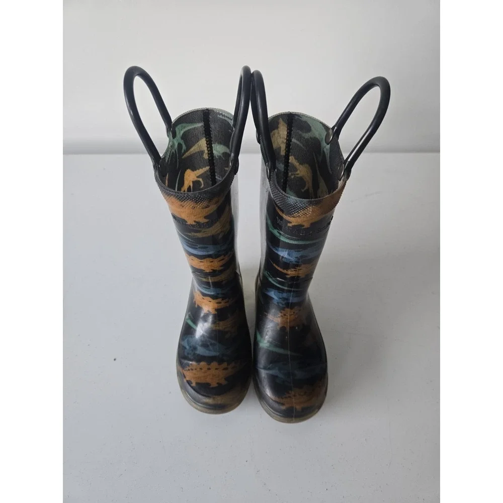 Western Chief Dino Stomp Light Up Rain Boots Kids Size 6 Black Dinosaur Pull On